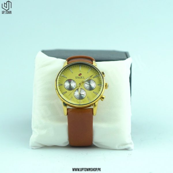 Excel Gold Class Edition EX-5088 Crystal Glass Brown Strap Watch