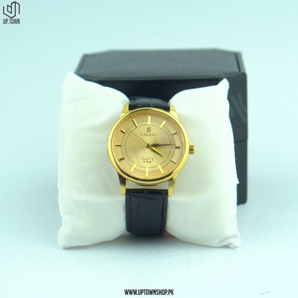 Galaxy GS-1860 Gold Dial Black Leather Strap Watch
